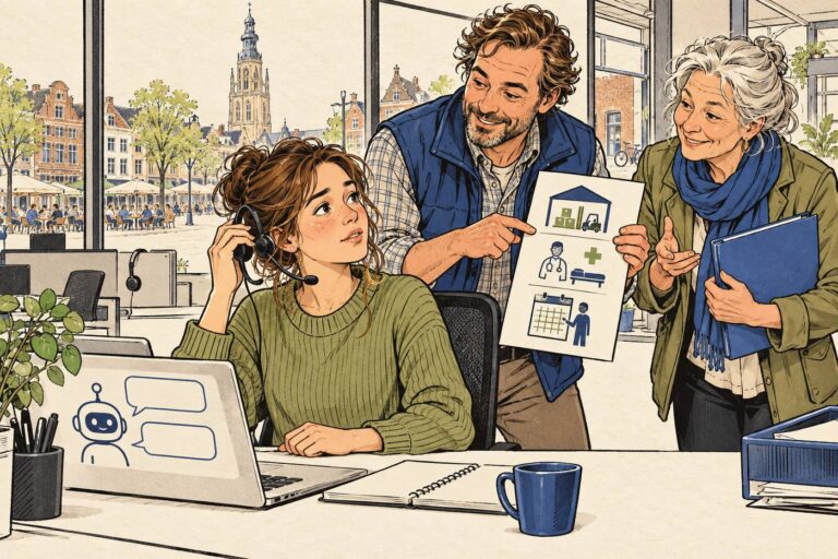Klantcontactmedewerker zet headset af en bekijkt met collega's een lijst met overstapberoepen