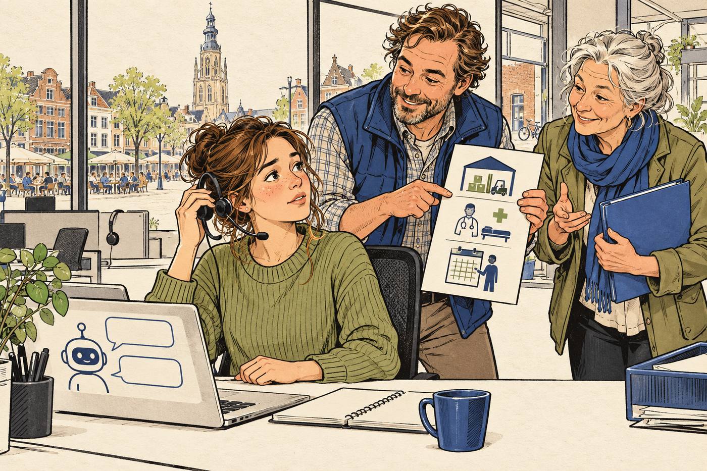 Klantcontactmedewerker zet headset af en bekijkt met collega's een lijst met overstapberoepen